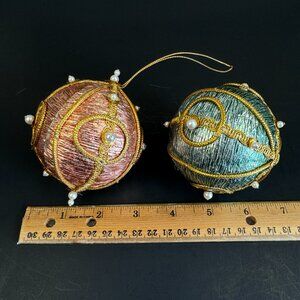 Vtg Hard Foam Round Ball Ornament Push Pin Pearls Metallic Pink Blue Gold Accent